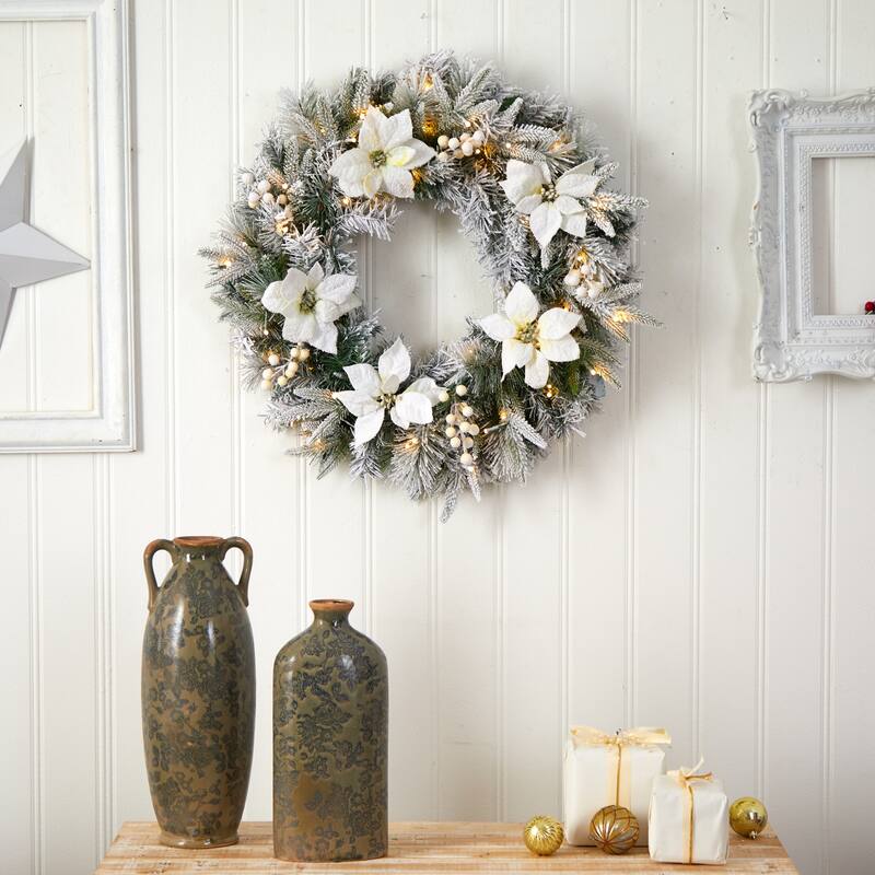 24" Flocked Poinsettia and Pine Artificial Christmas Wreath - Green - 24