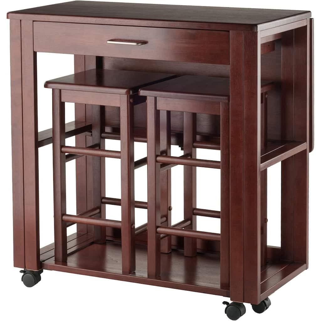 Drop Leaf Dining Set - Rolling Kitchen Table with Stools - Compact Space Saver - Engineered Wood Finish