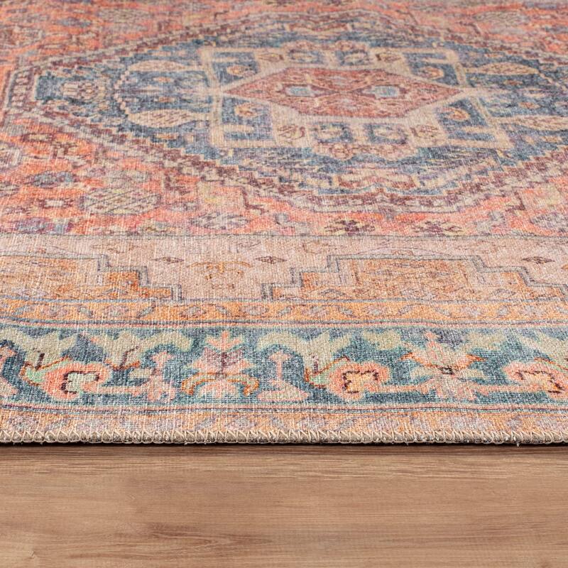 Beige Medallion Flat Pile Washable Rug - Pet Friendly, Non-Slip for Entryway and Bedroom