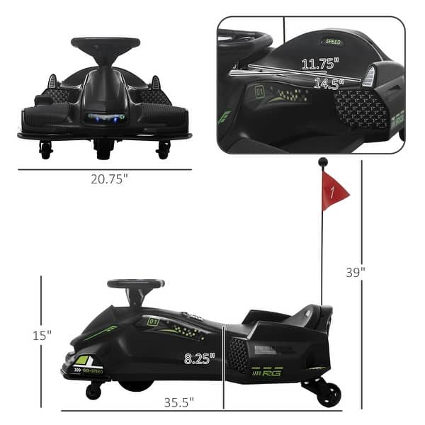 dimension image slide 1 of 4, Aosom 12V Electric Go Kart, 5 MPH Drifting Car Battery Powered Ride on Toy Outdoor with Slow Start, Music, Colorful Lights