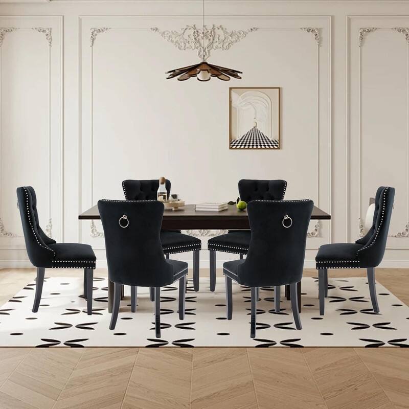 Tufted Naliheads Solid Wood Upholstered Dining Chairs Set of 6 - Black BlackLegs