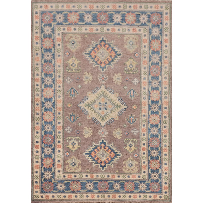 Kazak Foyer Rug Hand-Knotted Geometric Brown Wool Carpet - 2'7" x 3'11"