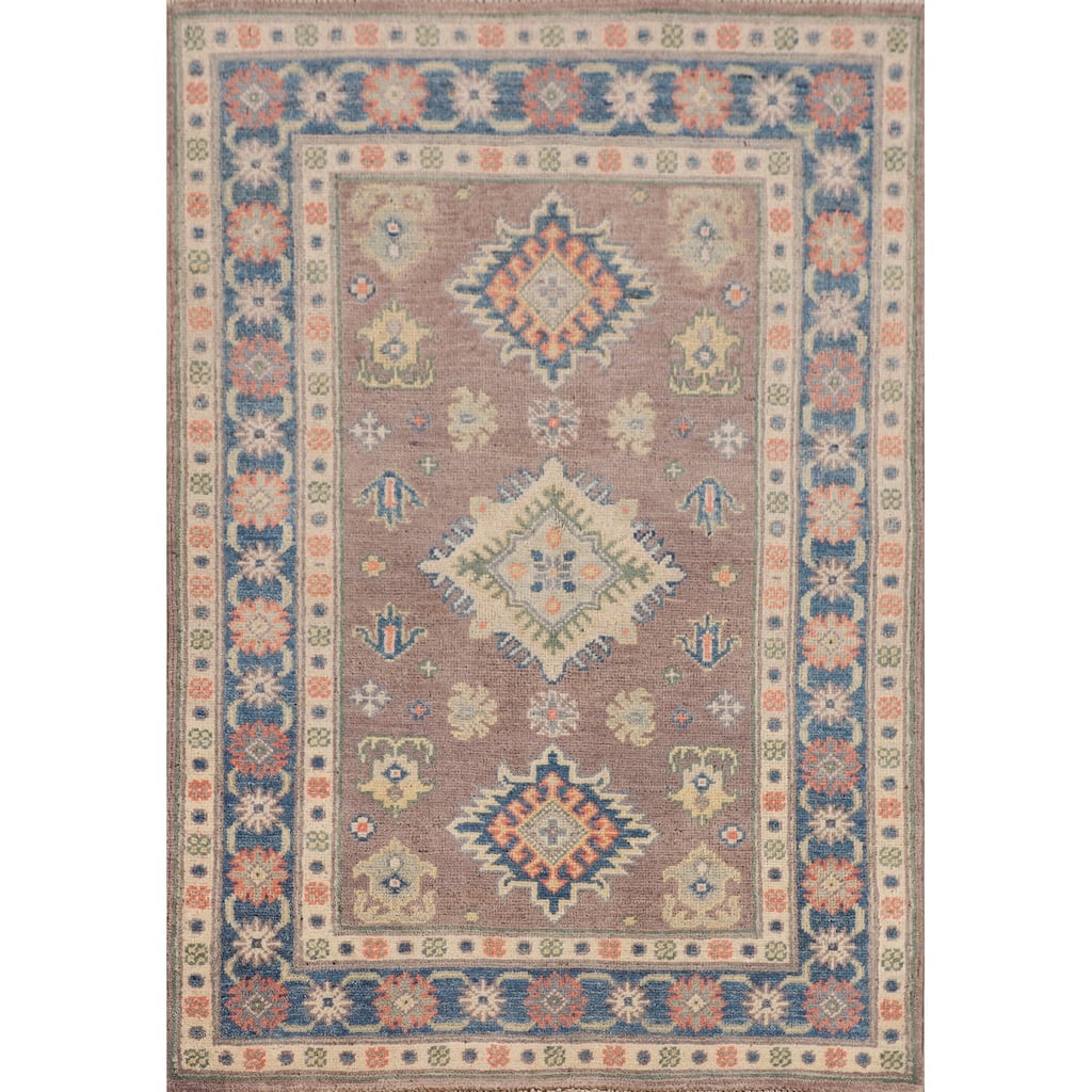 Kazak Foyer Rug Hand-Knotted Geometric Brown Wool Carpet - 2'7" x 3'11"
