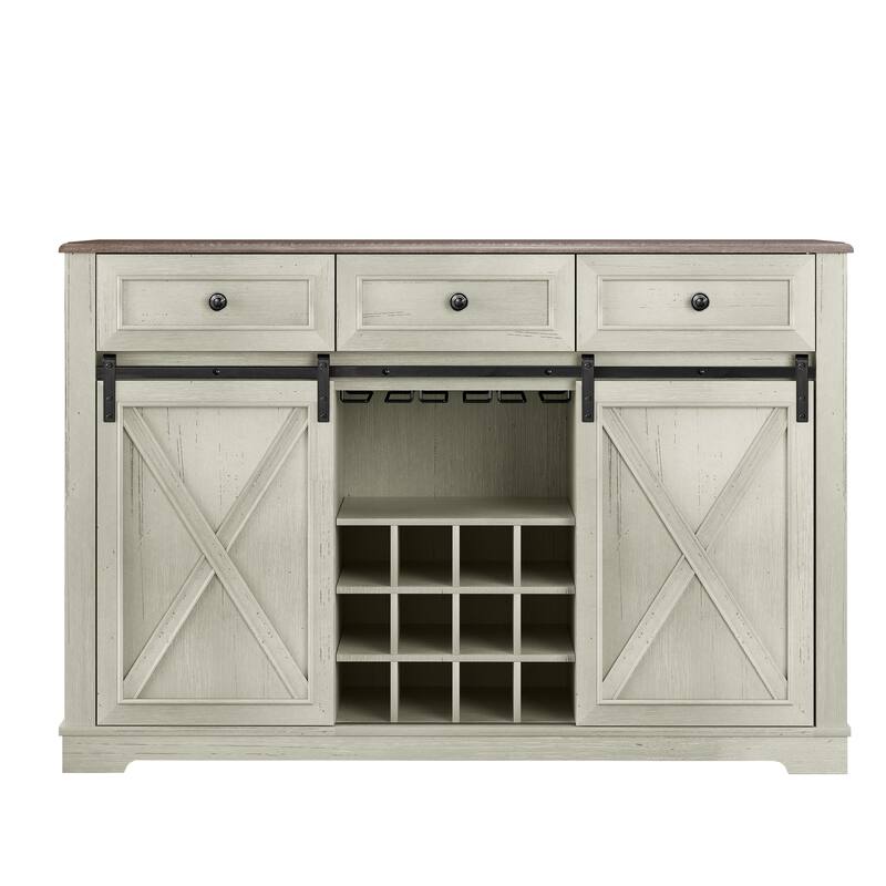 54" Farm Style Wood Buffet Bar Cabinet w/Wine & Glass Rack