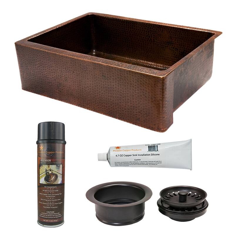 30-in Hammered Copper Kitchen Apron Single Basin Sink with Matching Drain and Accessories (KSP3_KASDB30229)