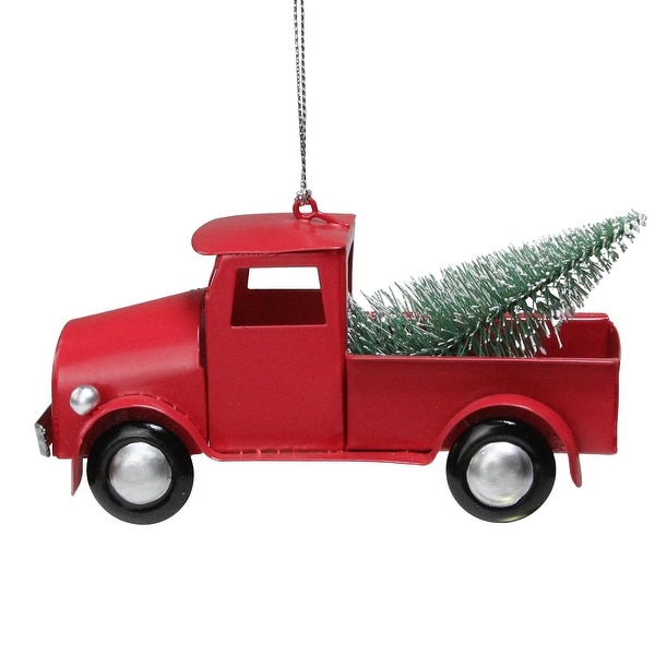 5" Red Vintage Truck with Frosted Tree Christmas Ornament. Opens flyout.