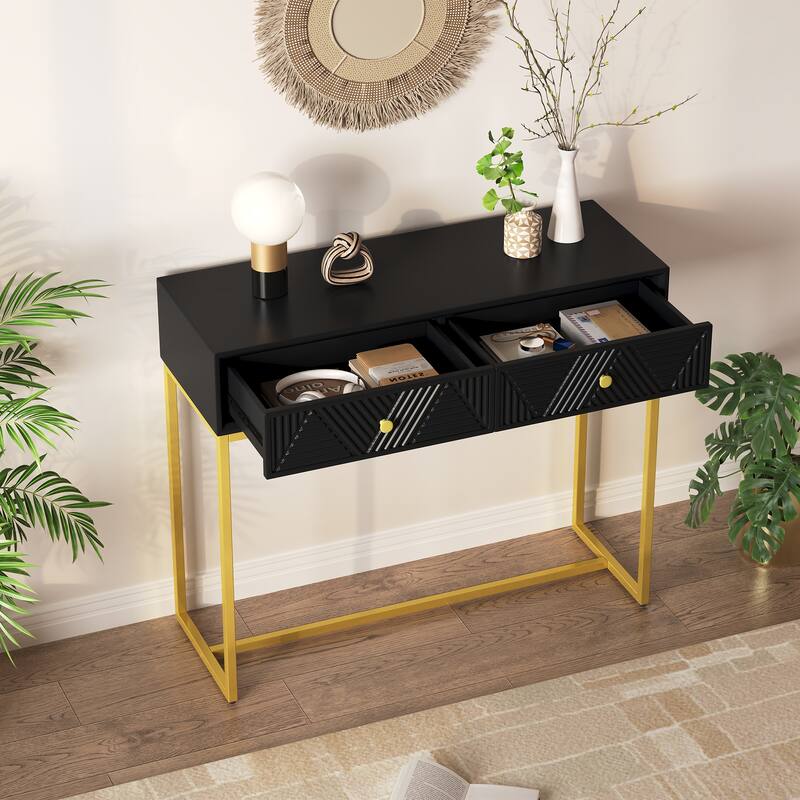 38" Modern Console Table with Two Drawers and Gold Metal Base for Entryway, Living Room