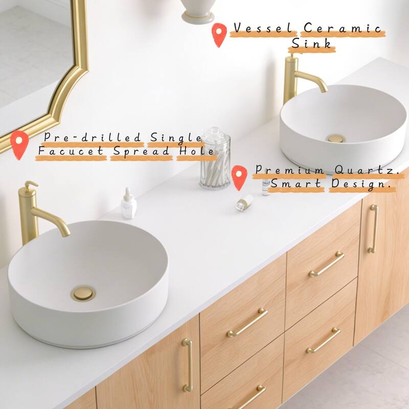 Prismella 60" 72" 84" Floating Vanity with Round Vessel Sink, Quartz Top