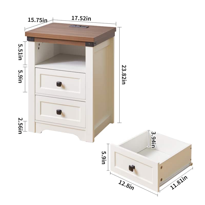 Farmhouse Side Table with Charging Station, Antique Nightstands with Drawers, Bedside Table with Open Shelf for Bedroom