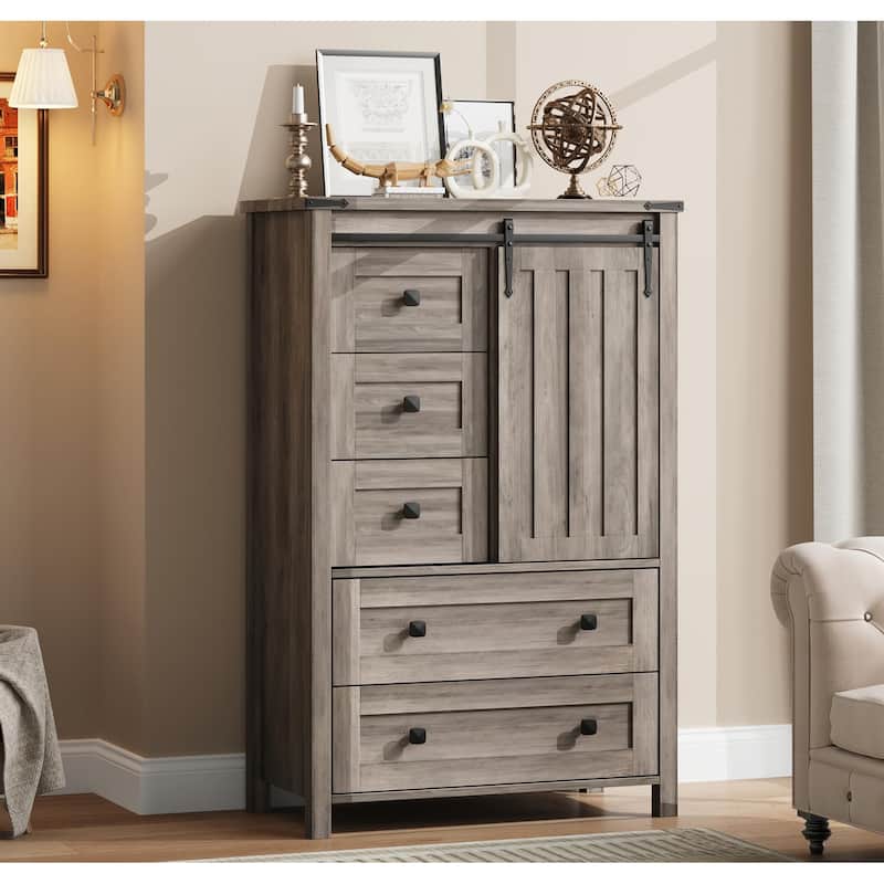 Farmhouse 5 Drawer Dresser for Bedroom, Wood Chest with Sliding Barn Door, Adjustable Shelf - Grey