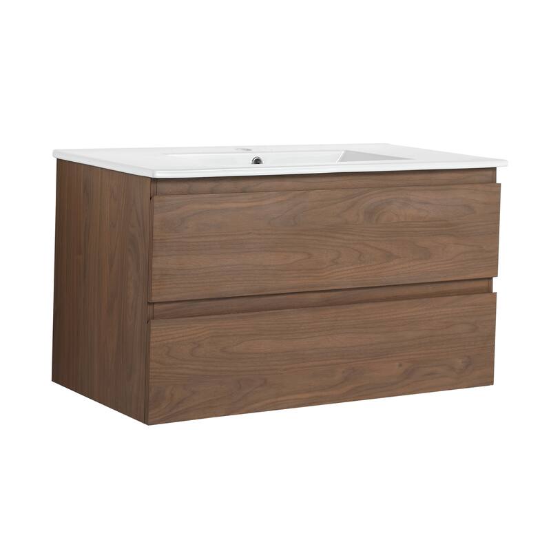 24" Floating Bathroom Vanity with Ceramic Basin, 2 Soft-Close Drawers, Eco-Friendly Plywood Construction