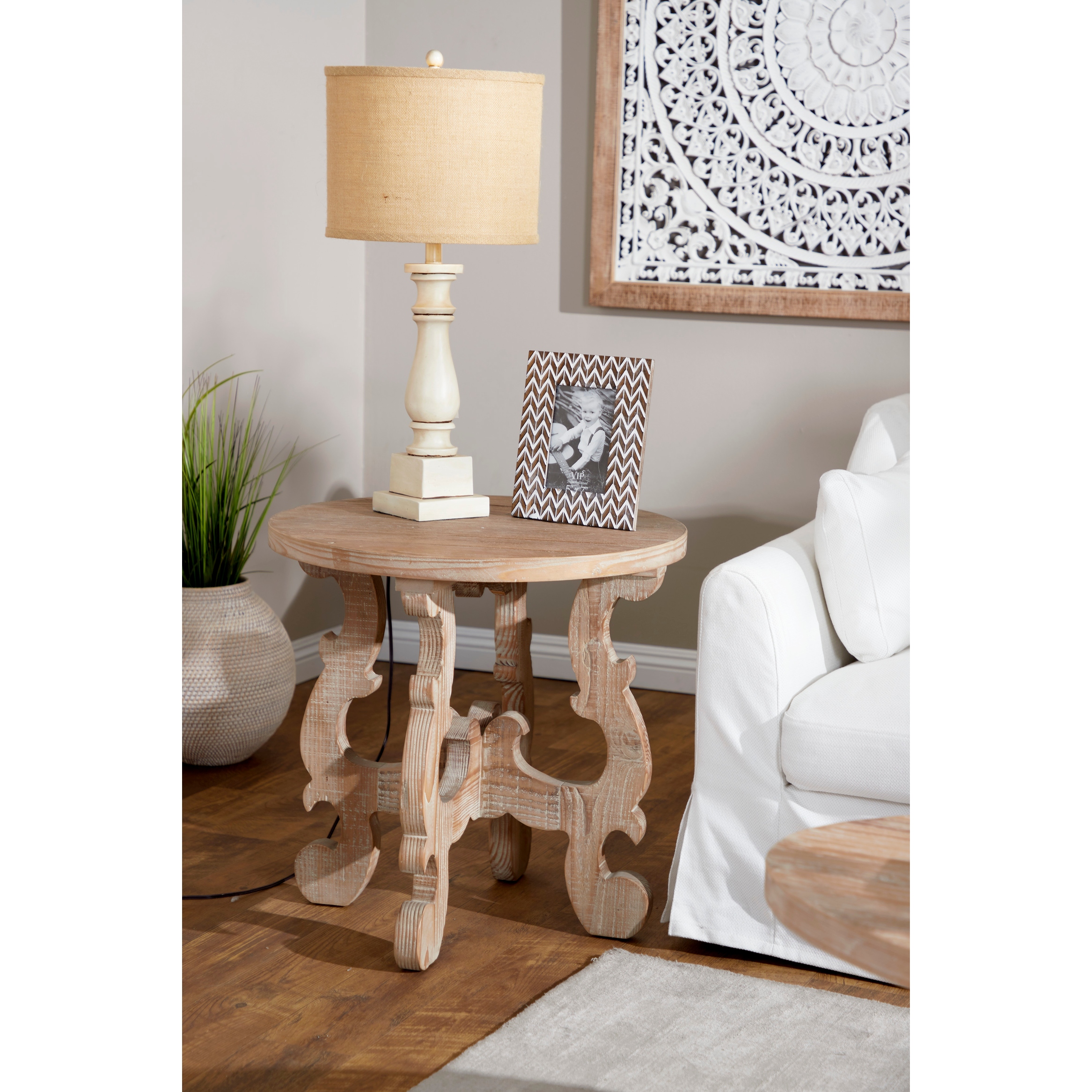 Small Round Reclaimed Wood End Table w Whitewash Finish