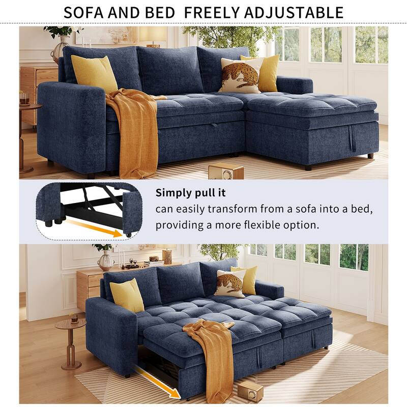 89" Polyester L-Shape Sectional 3-Seat Convertible Sofa with Storage Chaise