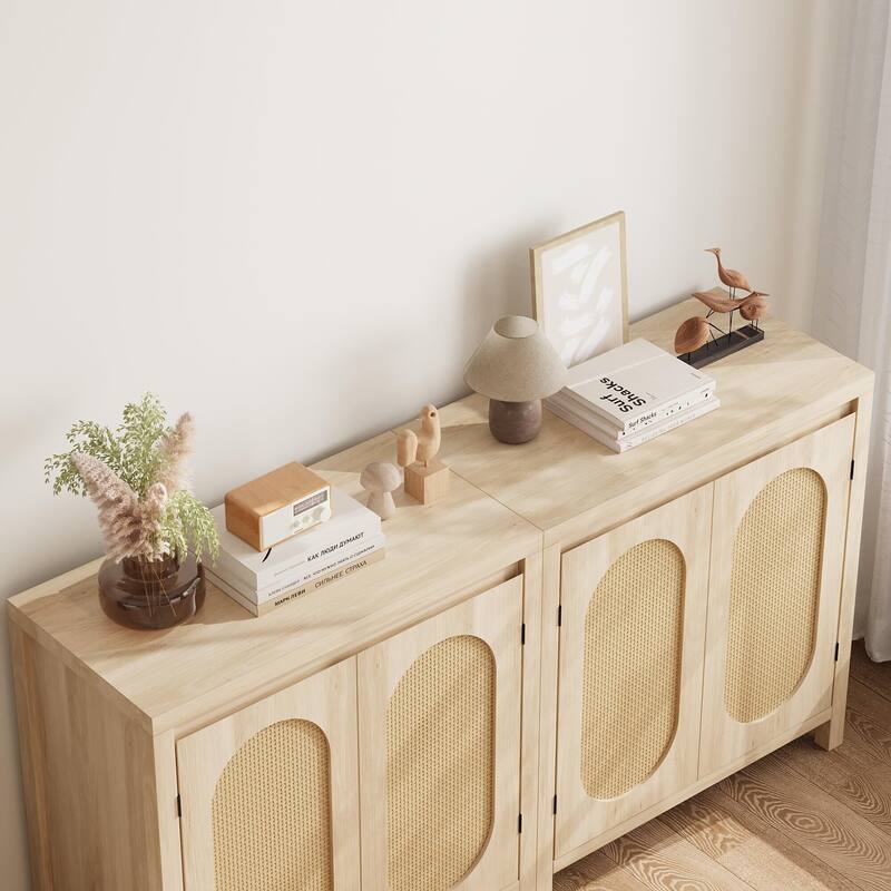 Rattan Storage Cabinet, Wooden Sideboard Buffet Cabinet with Doors and Shelves