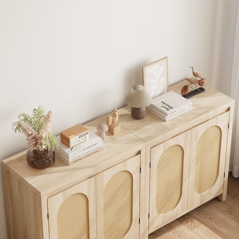Rattan Storage Cabinet with PVC Woven Doors, Wooden Sideboard Buffet, with Adjustable Shelf, Multifunctional Cupboard