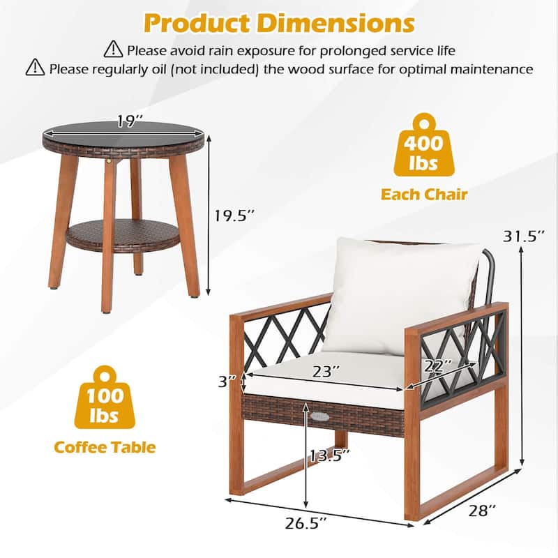 Costway 3 PCS Patio PE Wicker Furniture Set with Solid Acacia Wood - See Details