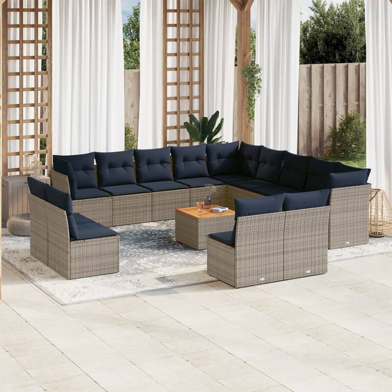 vidaXL 14 Piece Patio Sofa Set with Cushions Grey Poly Rattan - 24.4x 24.4x 27.2