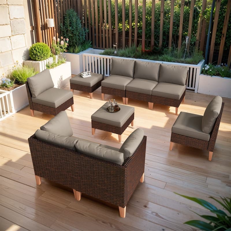 Gymojoy Outdoor Sectional Sofa PE Wicker Sofa,Ottoman - Brown - Grey