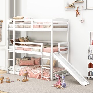 White Twin Pine Wood Triple Bunk Bed with Built-in Ladders, Slide, and Adjustable Configuration