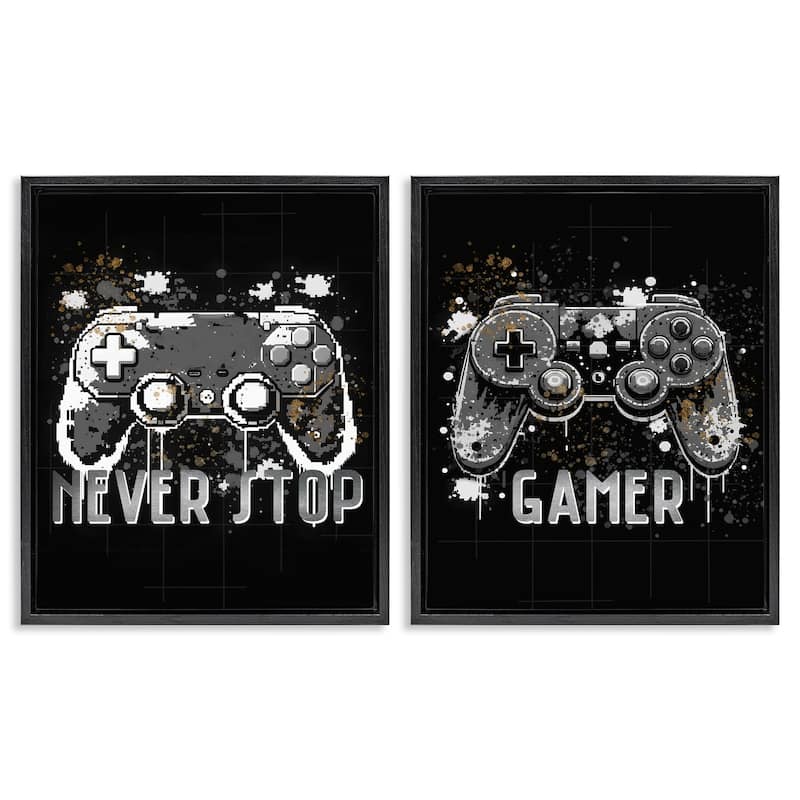 Stupell Modern Gamer Controller Phrases Framed Floater Canvas Wall Art Design By Kim Allen (Set of 2) - 25 x 31 - Black