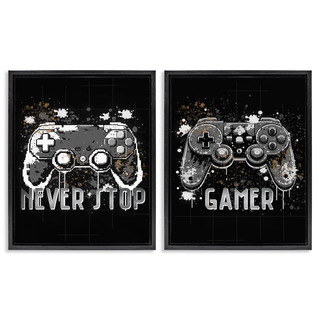Stupell Modern Gamer Controller Phrases Framed Floater Canvas Wall Art Design By Kim Allen (Set of 2)