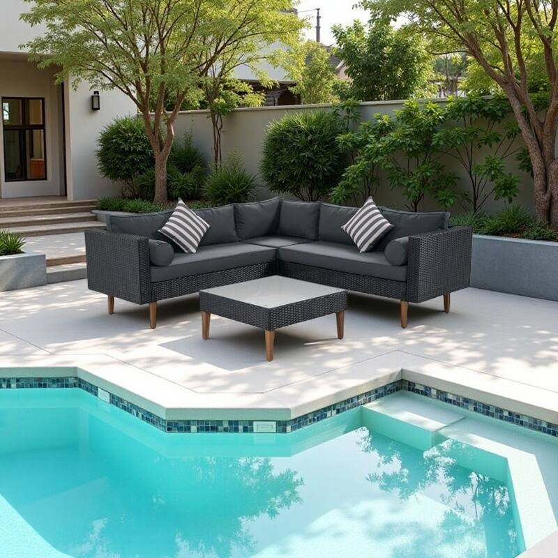 4-Piece Outdoor Wicker L-Shaped Sofa Set with Adjustable Wood Legs, Weather-Resistant Cushions & Colorful Pillows - Black+ Gray