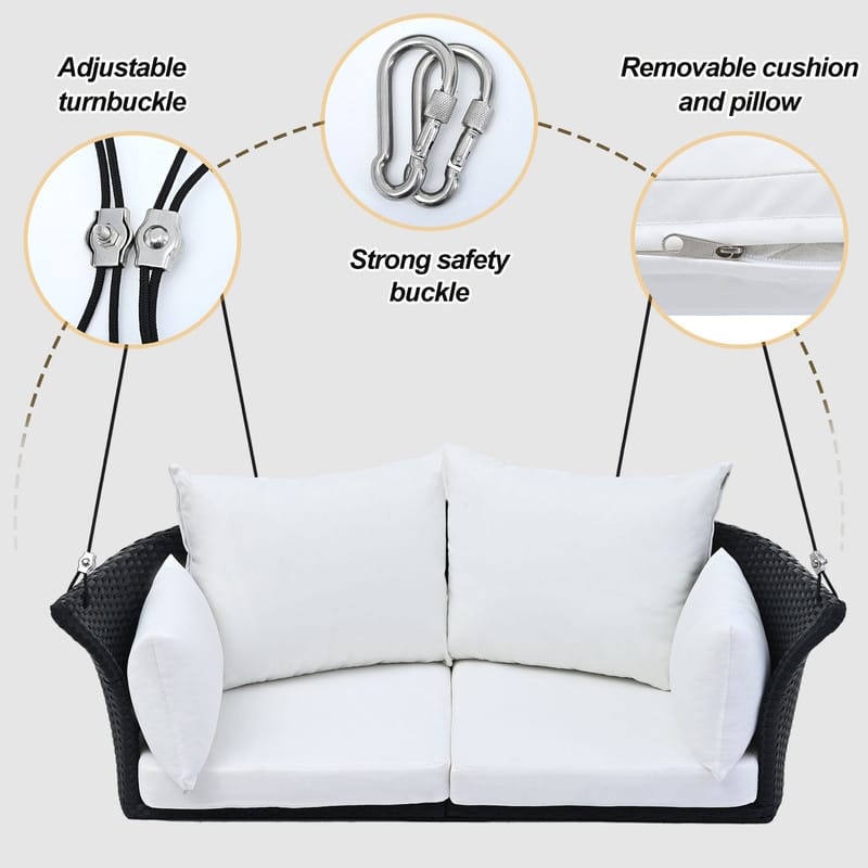 2-Person Hanging Seat, Rattan Woven Swing Chair, Porch Swing W/Cushion