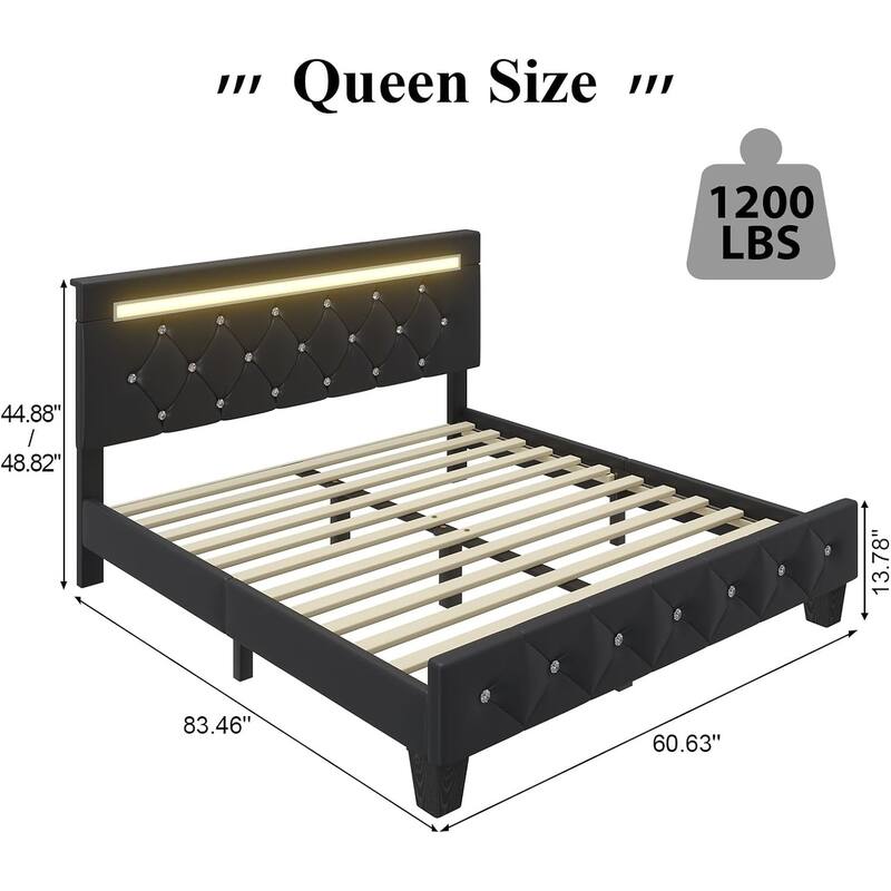 Queen Size Bed Frame with LED Light and Charging Station, Platform Bed with Handcrafted Crystal Button Adjustable Headboard