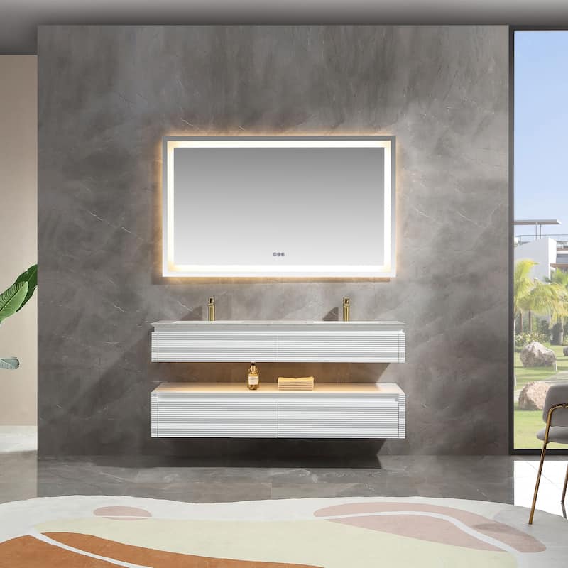 Modland 36/48 Inch LED Floating Vanity with Marble Top & Soft-Close Drawer - Green/White, Wall Drain Ready