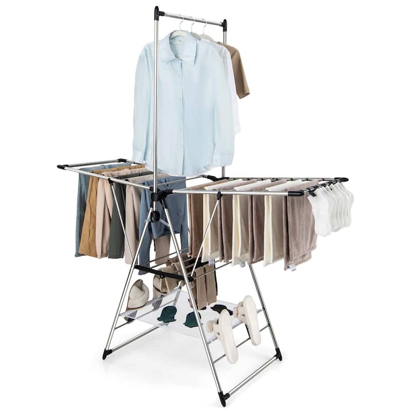 Costway 2-Layer Stainless Steel Foldable Drying Rack w/ Hanging Bar & - See Details - Silver - See Details