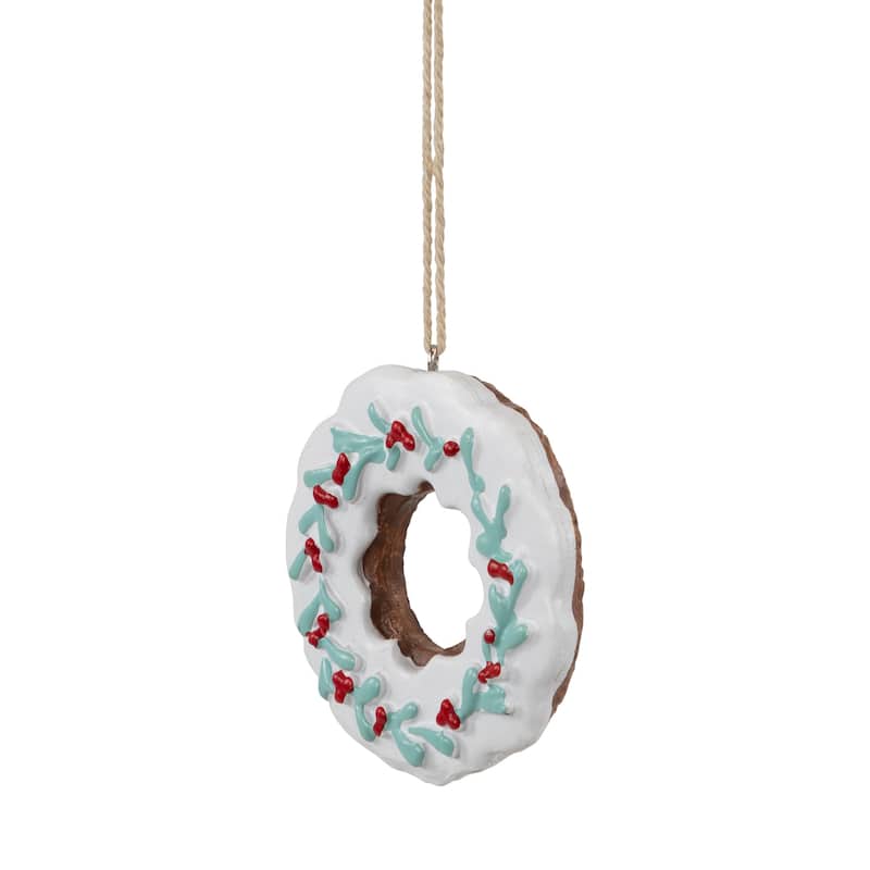 3" White Frosted Donut with Pine and Berry Christmas Ornament