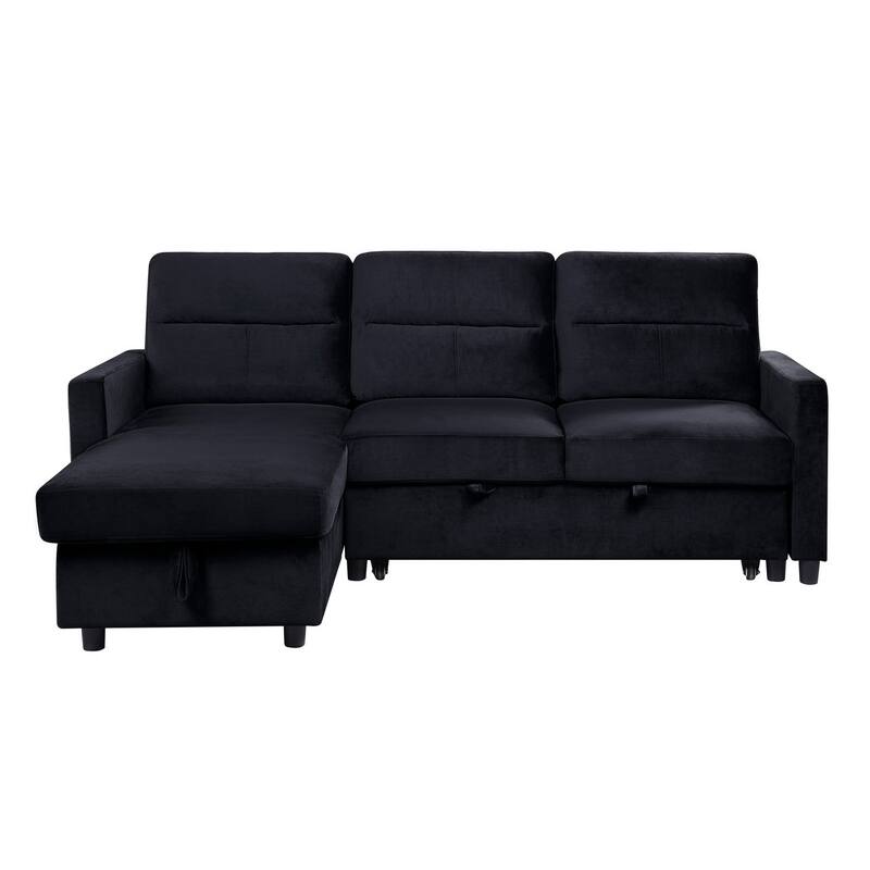 Velvet Reversible Sleeper Sofa with Storage Chaise in Black
