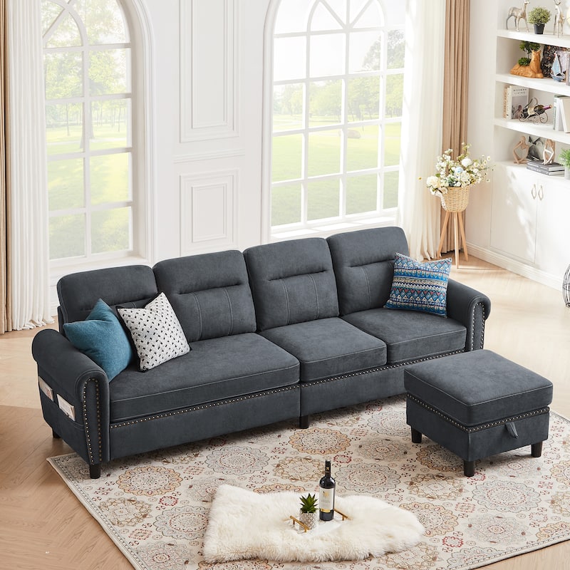 4 Seater L Shaped Reversible Sectional Sofa with Storage Ottoman