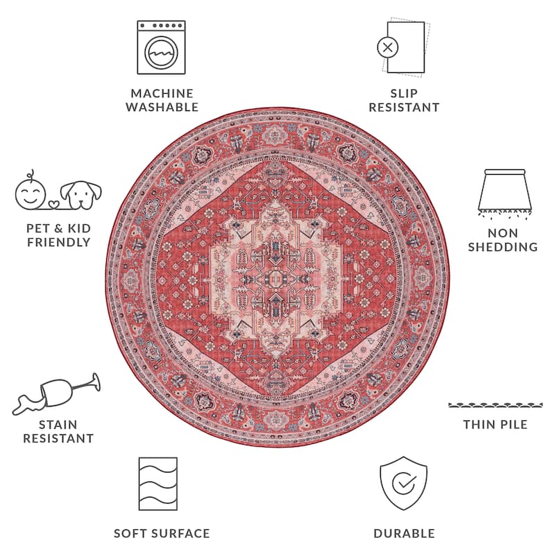 SAFAVIEH Tucson Machine Washable Slip Resistant Nevada Traditional Rug - 6' Round - Red/Pink