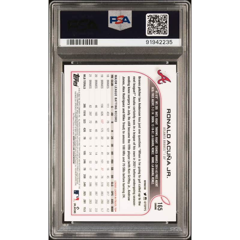 Ronald Acuna Jr 2022 Toppps Chrome Refractor Baseball Card #165 Graded PSA 9 - 8'6" x 11'6"