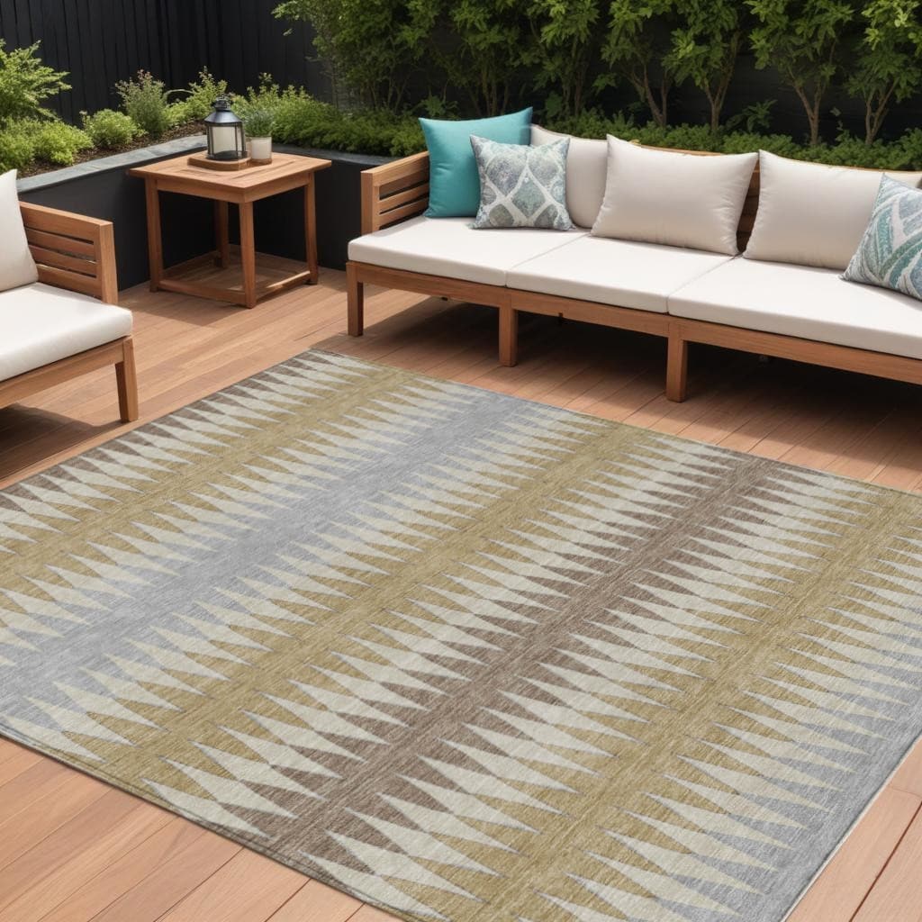 Beige Gray And Brown Striped Washable Indoor Outdoor Area Rug - 8' X 10'