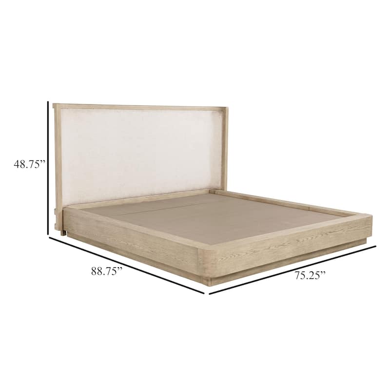 Lno Queen Platform Bed, Beige Upholstered Headboard, Oak Brown Cane
