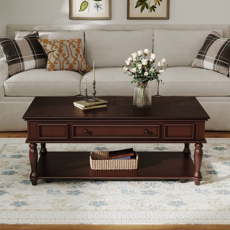 Farmhouse Coffee Table with One Drawer, Easy Assembly, Retro Movable Rectangular Cocktail Table with Lockable Wheels
