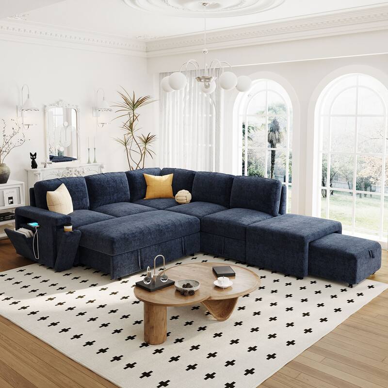 Multi-functional L-shaped Sofa with USB Ports, Storage, and Cup Holders