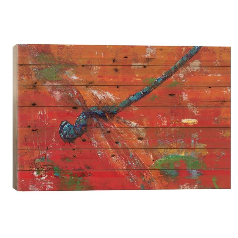 Blue Dragonfly Print On Wood by Olena Bogatska - Multi-Color - 18x26x1.5