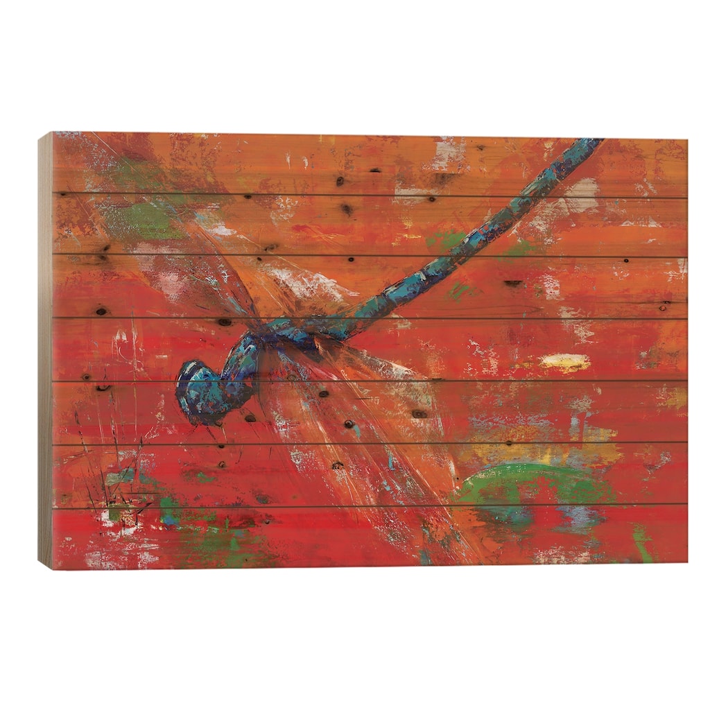Blue Dragonfly Print On Wood by Olena Bogatska - Multi-Color