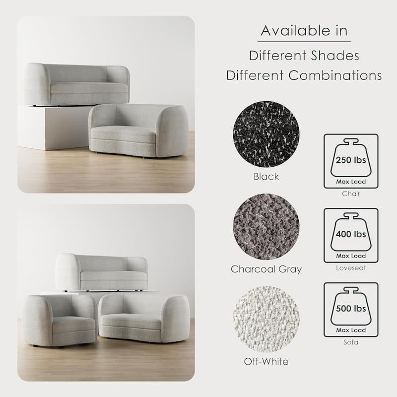 Furniture of America Ophelia Modern Curved Arms Boucle Sofa Set with Round Wooden Legs, 2-Piece or 3-Piece Options