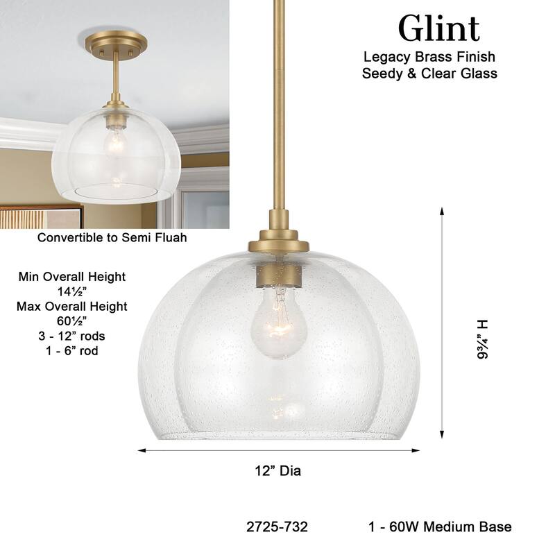 Minka Lavery 2725 Glint 12" Wide Pendant / Converts to Semi-Flush