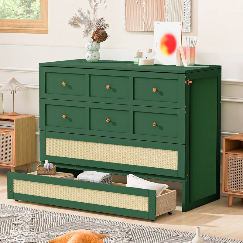 Green Murphy Bed with Drawer, Rattan Patterned Full Size Bed
