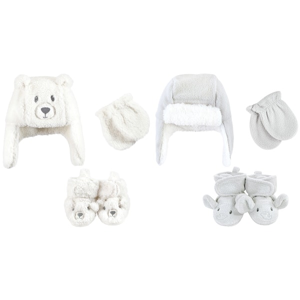 slide 2 of 2, Hudson Baby 6Pc Trapper Hat, Mitten and Bootie Set, Cream Bear Gray Elephant 6-12 Months - Cream Bear Gray Elephant