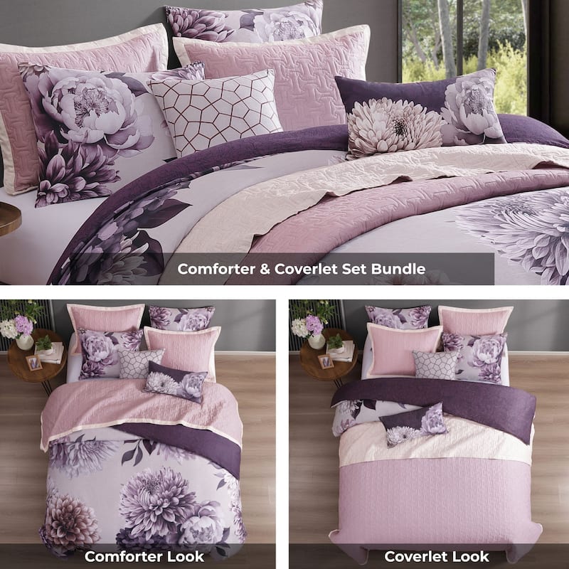 Bebejan Plum Petal 8 Piece 100 % Cotton Sateen Reversible Comforter & Coverlet Set