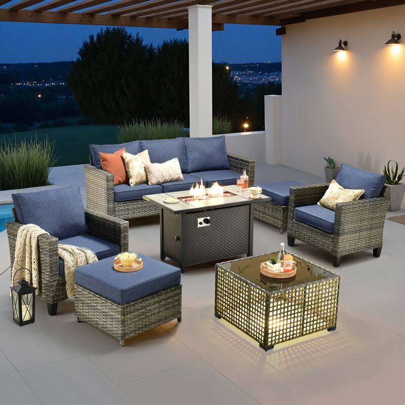 OVIOS 7 Pieces Patio Furniture Set with Solar-Powered Table & Fire Pit - Denim Blue​​