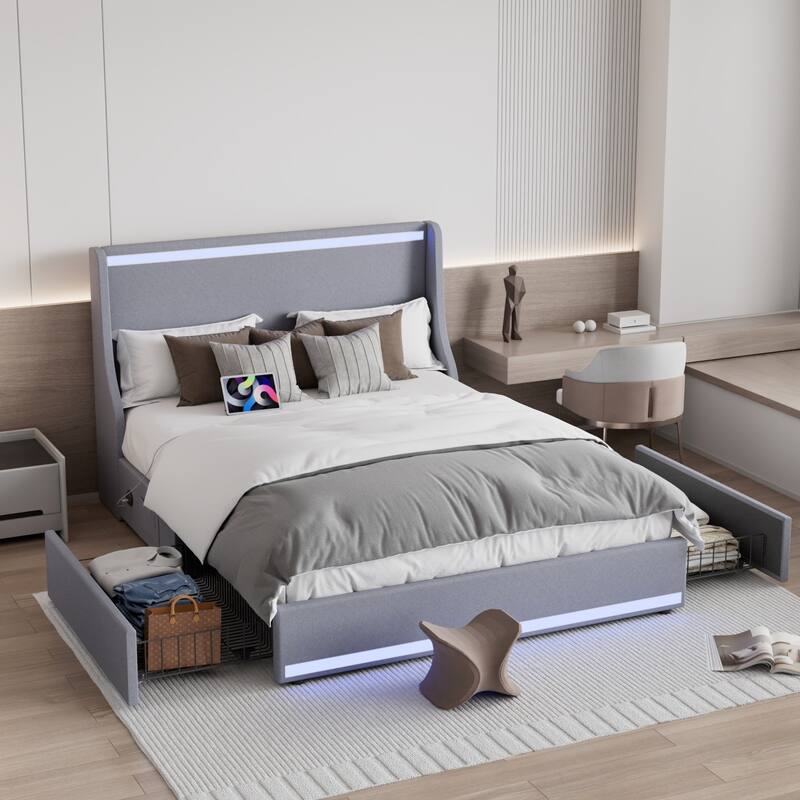 VECELO Upholstered LED Bed Frame with Wingback Headboard & 2 Storage Drawer Linen Fabric Full/Queen Size Storage Bed Frames