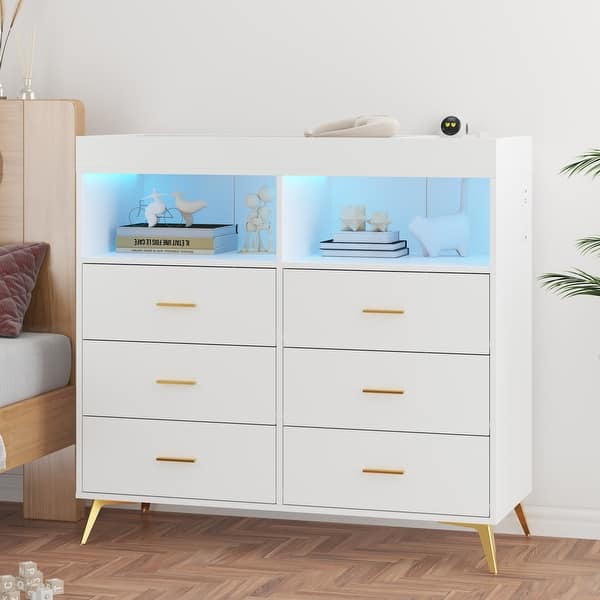 slide 2 of 19, 6 Drawers Baby Changing Table Dresser with Changing Pad and Power Outlet