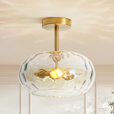 11.8" 2-Light Luxury Gold Semi-Flush Mount Ceiling Light with Hammered Glass Shade for Hallway, Bedroom